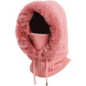 Women Pink Polyester Warm Thick Fluff Beanie Adult Neck Face Winter Balaclava